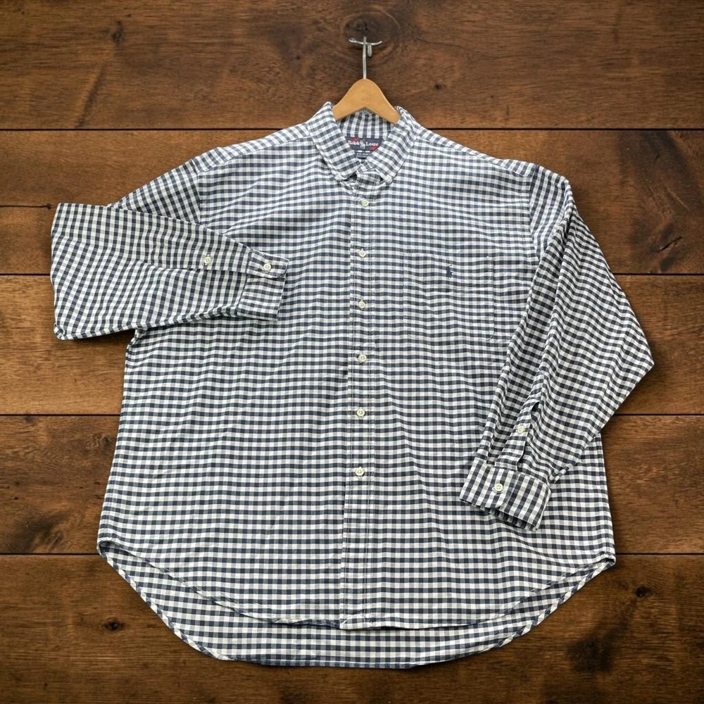 Ralph Lauren Big Shirt Mens (L) Navy White Gingham Oxford Plaid Thick Cotton
